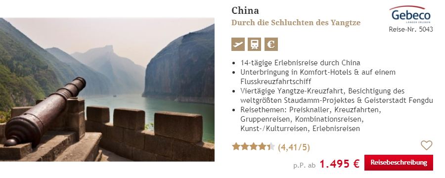 14 Tage China-Rundreise mit Yangtze-Kreuzfahrt - Reisezeitraum 2023/2024 - Buchbar ab  1.495.- / pro Person - Im Reisepreis enthalten sind ausgesuchte 3 bis 4 Sterne Hotels inklusive Flug ab Frankfurt, Mnchen, Berlin. Hamburg, Leipzig und Dresden