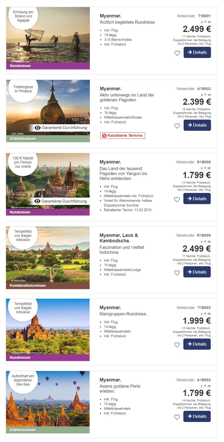 Liste Myanmar Reiseangebote mit Badeverlängerung Saison 2019/2020
