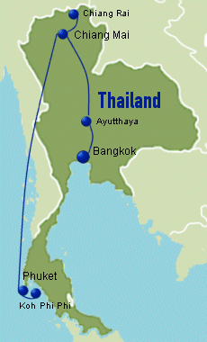 Karte Rundreiseroute Nordthailand Chiang Mai - Südthailand Koh Phi Phi
