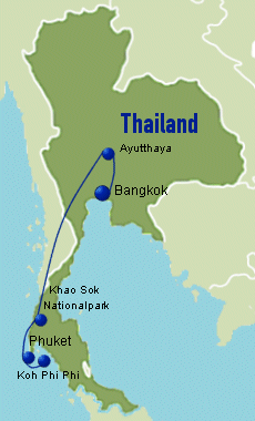Karte Rundreiseroute Thailand Dschungeltour + Koh Phi Phi