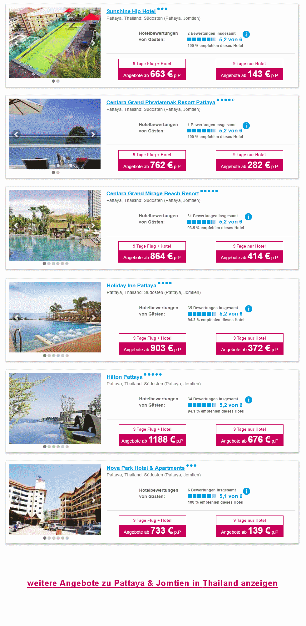 Angebotsliste Pattaya Reisen 2022 / 2023 (Flug und Hotel)