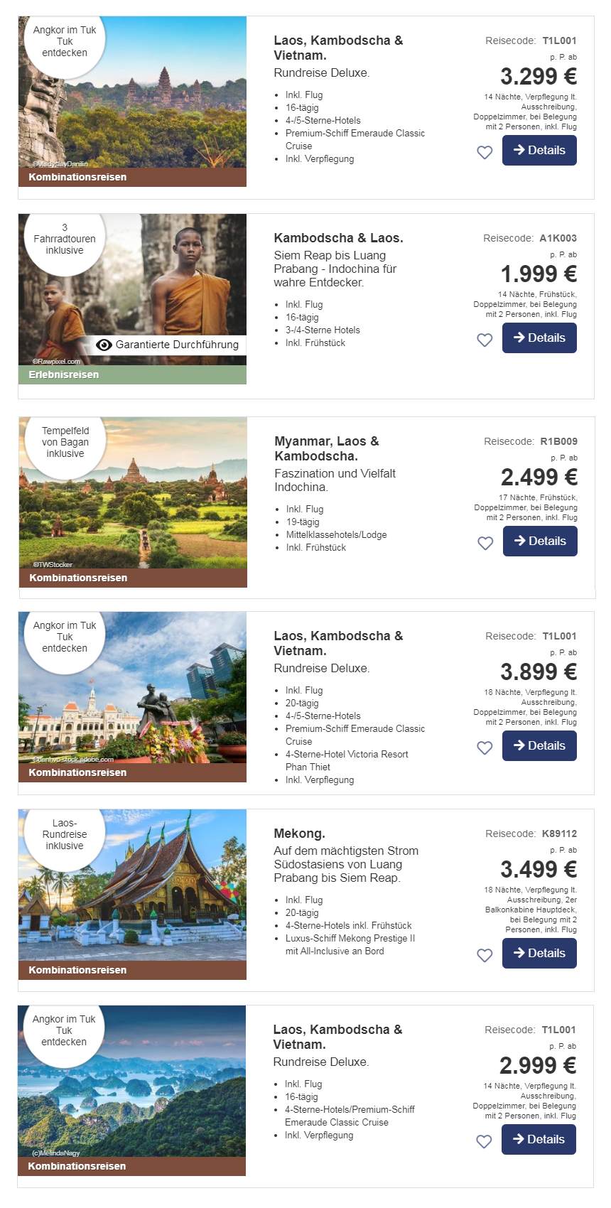 Reiseangebote kombiniert  Laos, Myanmar, Kambodscha, Thailand, Vietnam Urlaub