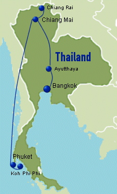 Karte Rundreiseroute Nordthailand Chiang Mai - Sdthailand Koh Phi Phi