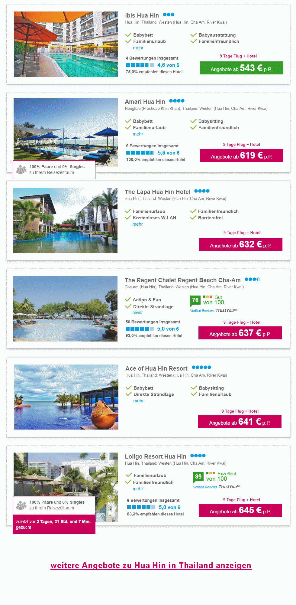 Angebotsliste Hua Hin Reisen 2024 / 2025 (Flug und Hotel) ab Frankfurt, Dsseldorf, Hamburg, Berlin und Mnchen buchen