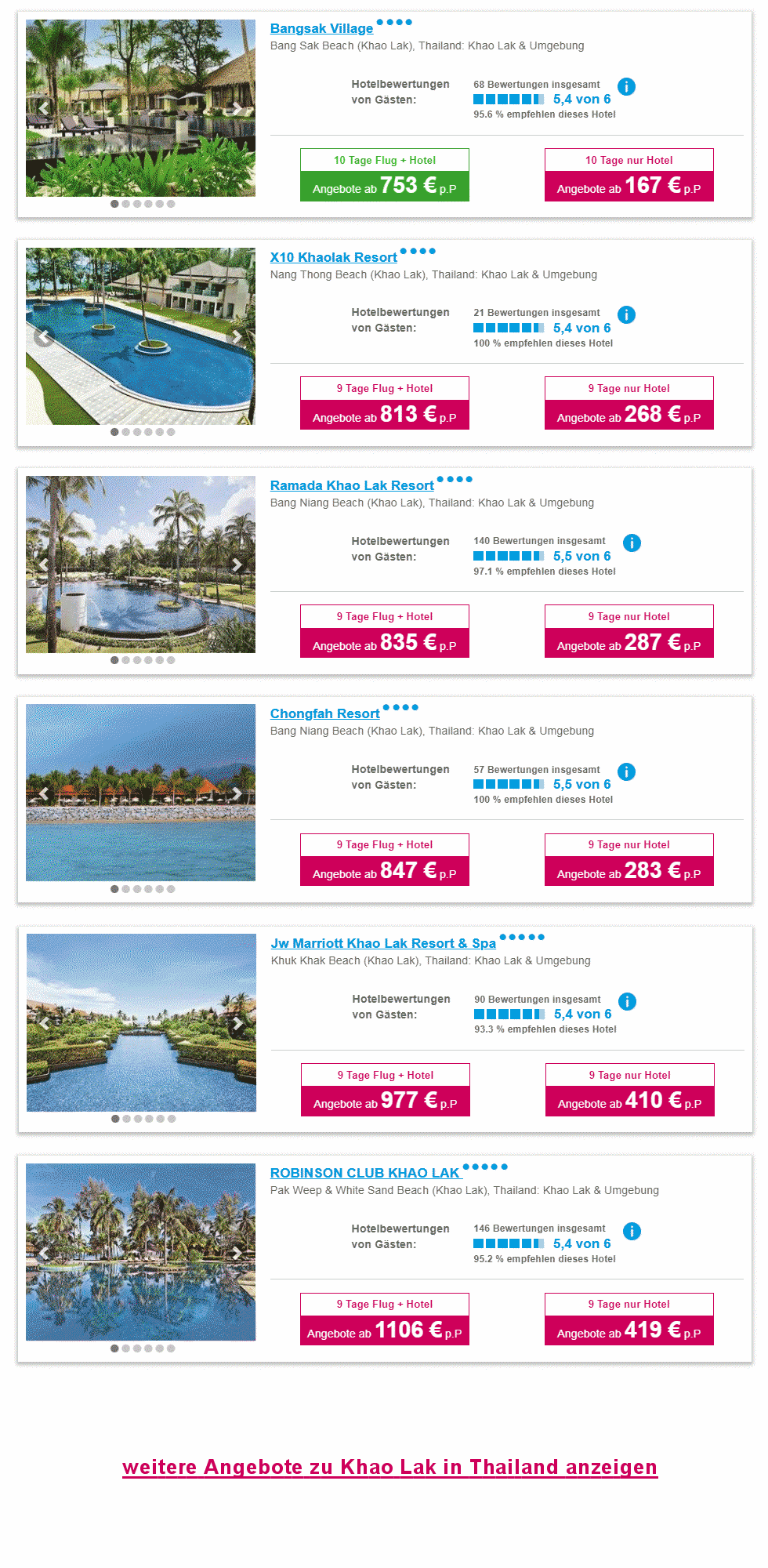 Angebotsliste Khao Lak Reisen 2024 / 2025 (Flug und Hotel)