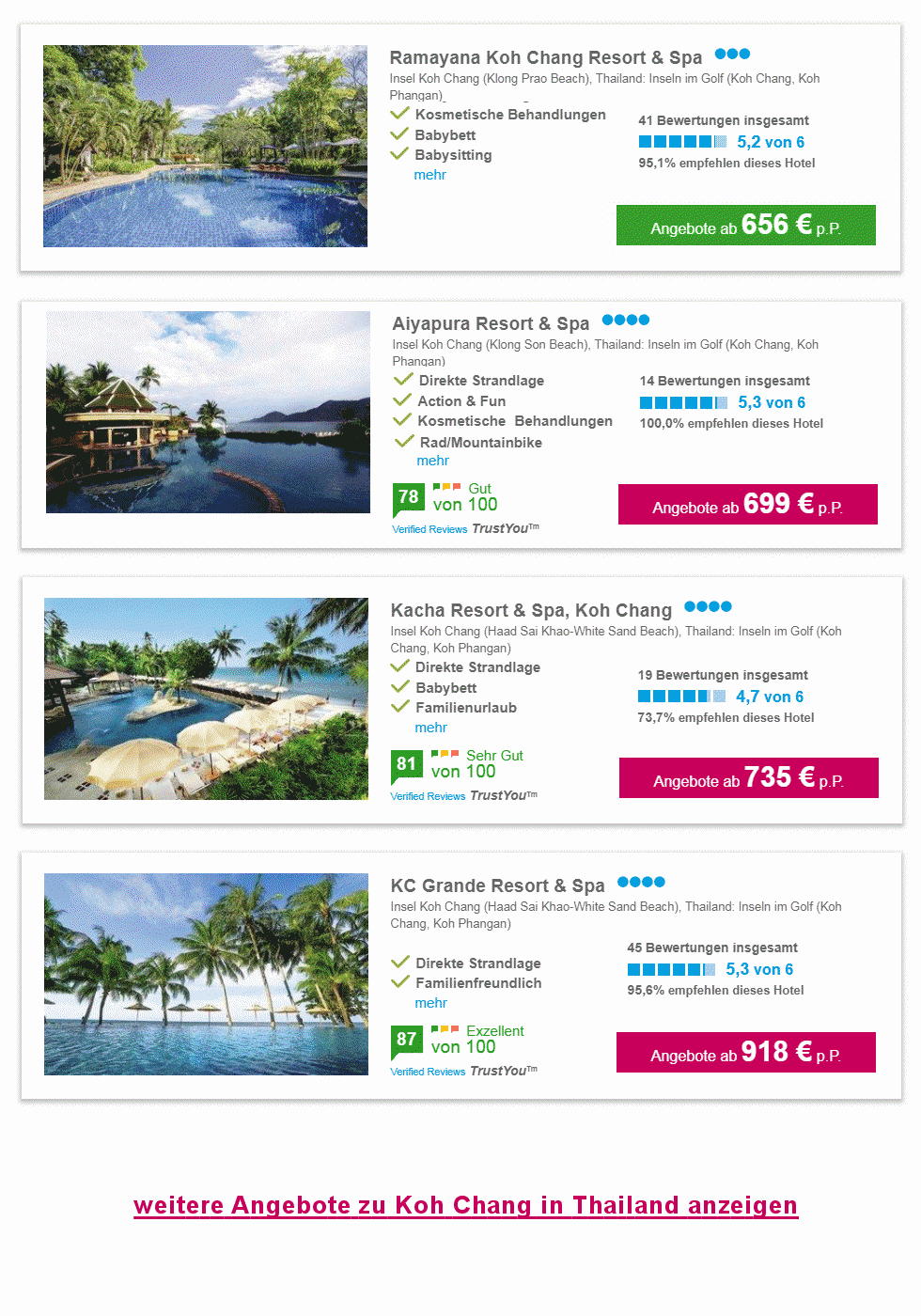 Angebotsliste Koh Chang Reisen 2024 / 2025 (Flug und Hotel)