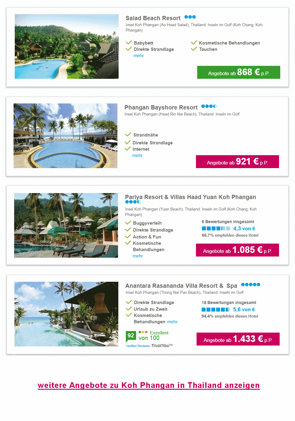 Angebotsliste Koh Phangan Reisen 2024 / 2025 (Flug und Hotel)