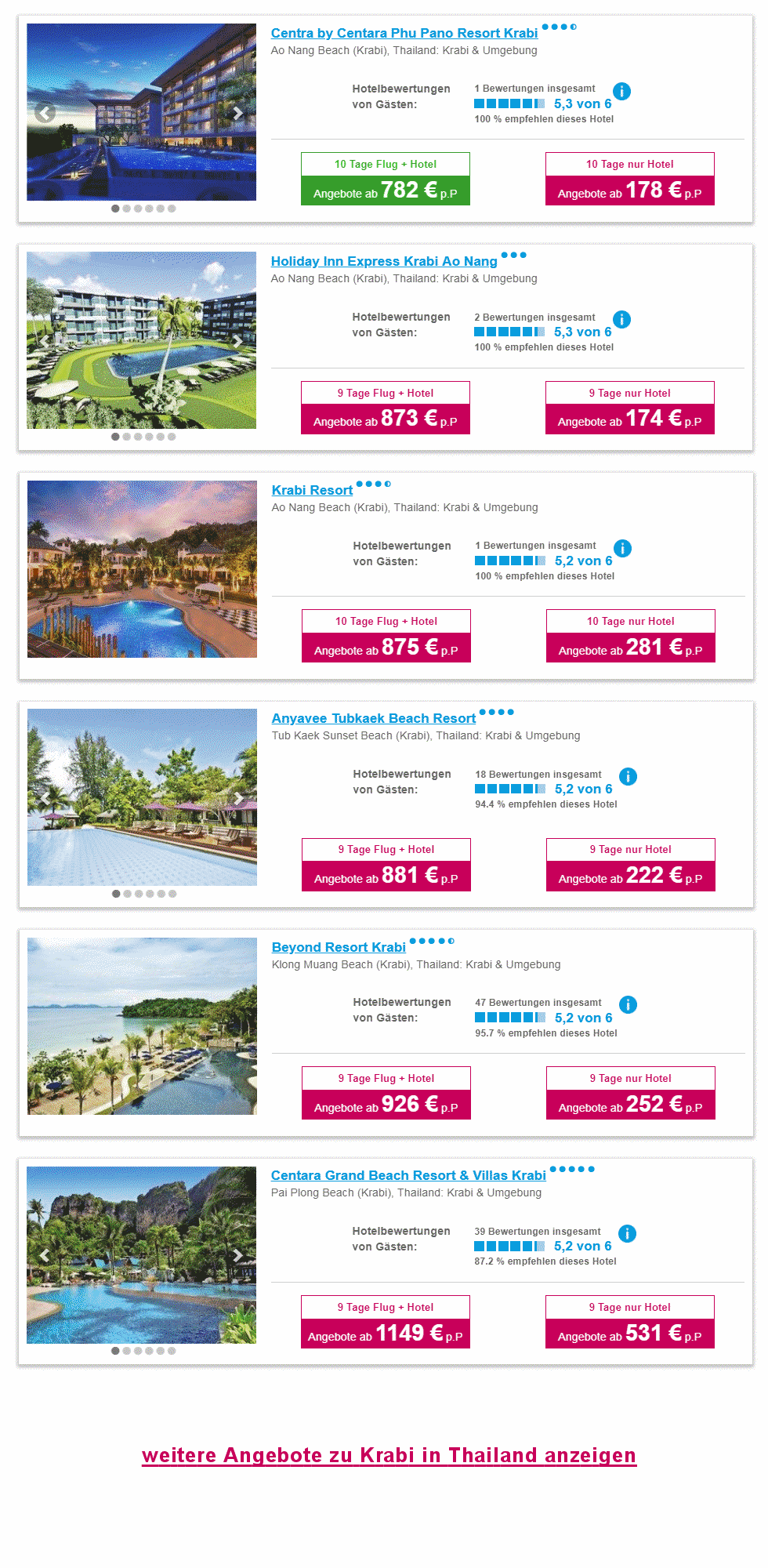 Angebotsliste Krabi Reisen 2024 / 2025 (Flug und Hotel)
